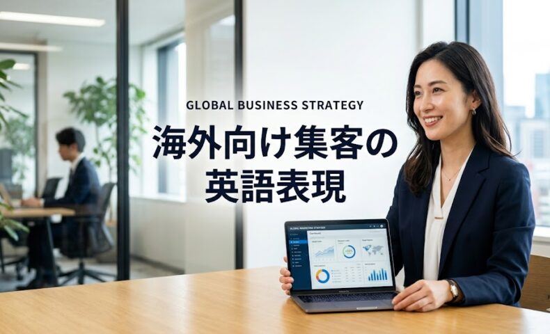 オフィスでPCの分析データを見せながら微笑む女性と「海外向け集客の英語表現」という文字