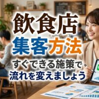 飲食店向け集客方法を解説する記事のアイキャッチ。カフェで女性コンサルタントがLINE公式アカウントを活用したマーケティング施策のデータ資料を提示している