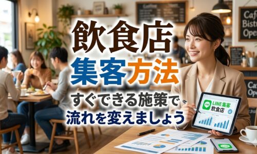 飲食店向け集客方法を解説する記事のアイキャッチ。カフェで女性コンサルタントがLINE公式アカウントを活用したマーケティング施策のデータ資料を提示している