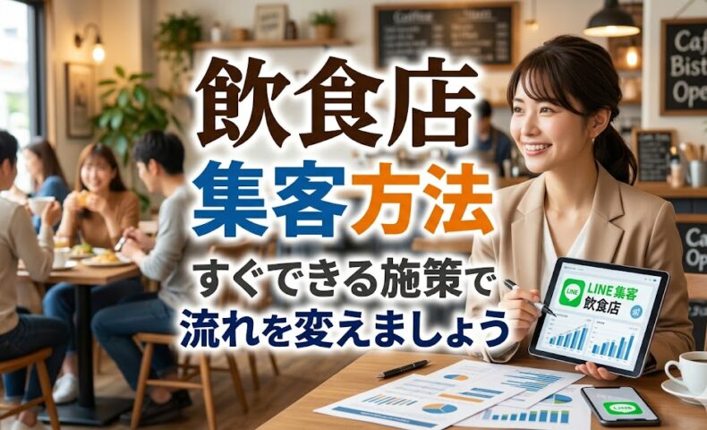 飲食店向け集客方法を解説する記事のアイキャッチ。カフェで女性コンサルタントがLINE公式アカウントを活用したマーケティング施策のデータ資料を提示している