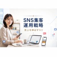 明るいオフィスでスマートフォンとノートパソコンを使いながらSNS集客の運用を行う日本人女性を描いた、売上向上をテーマにしたアイキャッチ画像