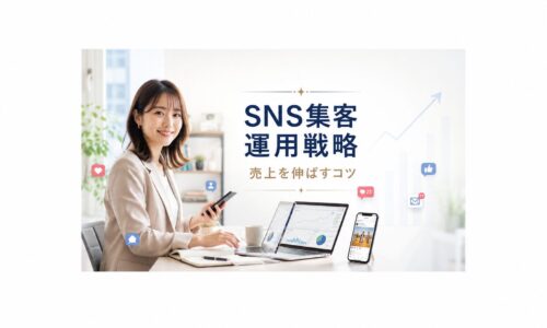 明るいオフィスでスマートフォンとノートパソコンを使いながらSNS集客の運用を行う日本人女性を描いた、売上向上をテーマにしたアイキャッチ画像