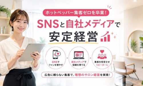 タブレットを持つ日本人女性と明るいサロンを背景に、SNSと自社メディアを活用した安定した集客を表現したアイキャッチ画像