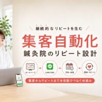 明るい鍼灸院で日本人女性スタッフがパソコンとスマートフォンを使い、ホームページやLINEから予約・再来院につなげる集客自動化の仕組みを確認している様子