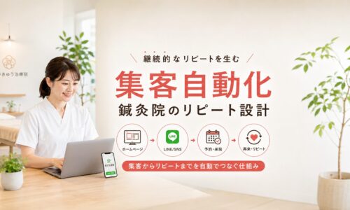 明るい鍼灸院で日本人女性スタッフがパソコンとスマートフォンを使い、ホームページやLINEから予約・再来院につなげる集客自動化の仕組みを確認している様子