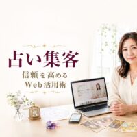 占いサロンの女性オーナーが、パソコンやタロットカードを使いながらWeb集客と信頼向上をイメージしている様子
