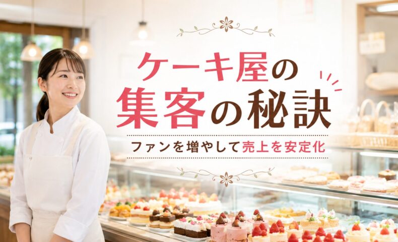明るいケーキ店のショーケース前に立つ日本人女性パティシエと「ケーキ屋の集客の秘訣」の文字を配置したアイキャッチ画像