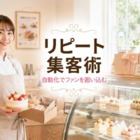 明るいケーキ店の店内で日本人女性パティシエがスイーツを持ち、リピーター獲得や集客の自動化をイメージさせるアイキャッチ画像