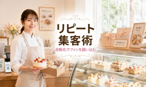 明るいケーキ店の店内で日本人女性パティシエがスイーツを持ち、リピーター獲得や集客の自動化をイメージさせるアイキャッチ画像