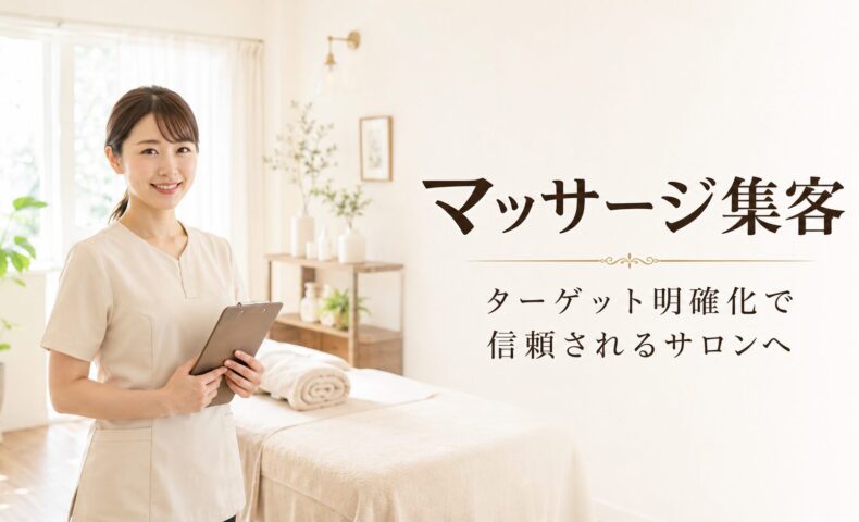 明るく清潔感のあるマッサージサロンで、クリップボードを持った日本人女性セラピストと「マッサージ集客」の文字を配置したアイキャッチ画像