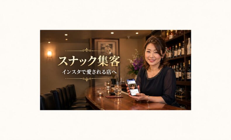 温かみのあるスナック店内で、スマートフォンを手に笑顔を見せる日本人女性オーナーと「スナック集客 インスタで愛される店へ」の文字を配置したアイキャッチ画像
