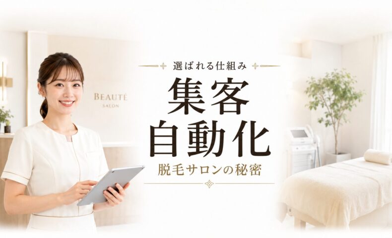 清潔感のある脱毛サロンでタブレットを持つ日本人女性スタッフが立ち、集客の自動化と選ばれ続ける仕組み作りを表現したアイキャッチ画像