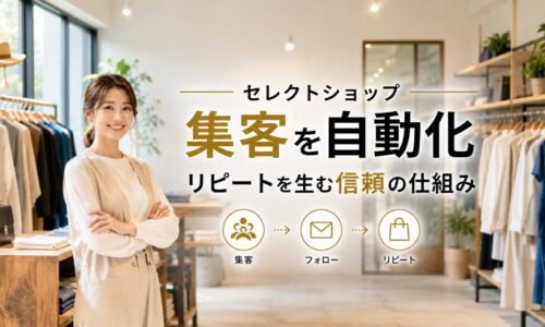 明るいセレクトショップ店内でタブレットを持つ日本人女性オーナーと、「集客を自動化」「信頼がリピートを生む」の文字を配置したアイキャッチ画像