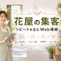 明るい花屋の店内でタブレットを持つ日本人女性スタッフと、「花屋の集客」「リピートを生むWeb導線」の文字を配置したアイキャッチ画像