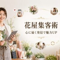 色とりどりの花が並ぶ明るい花屋で、花束とタブレットを持つ日本人女性スタッフと「花屋集客術」「心に届く発信で魅力UP」の文字を配置したアイキャッチ画像