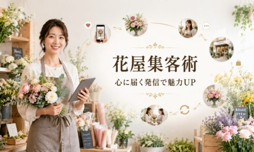 色とりどりの花が並ぶ明るい花屋で、花束とタブレットを持つ日本人女性スタッフと「花屋集客術」「心に届く発信で魅力UP」の文字を配置したアイキャッチ画像