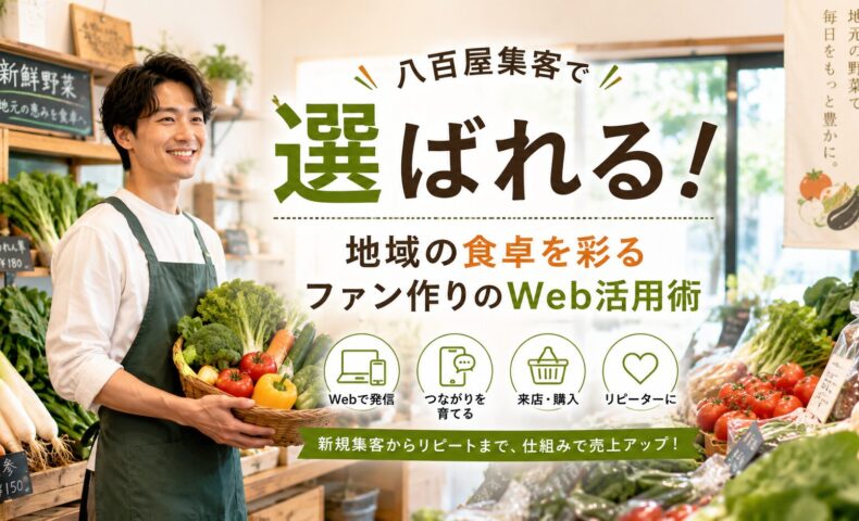 新鮮な野菜が並ぶ明るい八百屋で、タブレットを持つ日本人男性スタッフと「八百屋集客」「Webでリピート化」の文字を配置したアイキャッチ画像