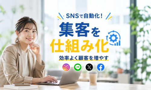 明るいオフィスでノートパソコンを操作する日本人女性と、SNS集客の自動化・仕組み化を表現したアイキャッチ画像