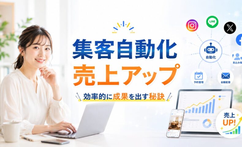 SNSやデジタル集客の自動化によって効率よく売上を伸ばすマーケティングを表現した、日本人女性モデルのアイキャッチ画像