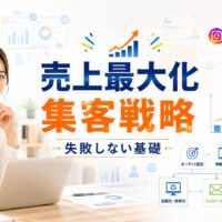 明るいオフィスでノートパソコンとスマートフォンを使いながら集客マーケティングの戦略を考える日本人女性と、売上成長を示すグラフを描いたアイキャッチ画像