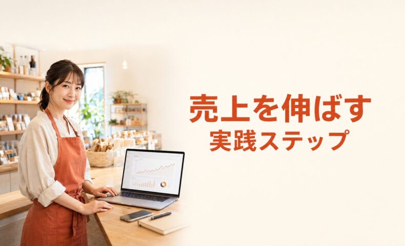 Web集客の分析画面を表示したパソコンの横に立つ日本人店舗オーナーと、「売上を伸ばす 実践ステップ」の文字を配置したアイキャッチ画像