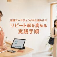 実店舗のオーナーがパソコンでアクセス数や売上推移を確認している様子を表現した、Web集客マーケティングの記事用アイキャッチ画像です。店舗集客で失敗を避けながら、売上を伸ばすための具体的な実践ステップを解説する記事に使用できます。