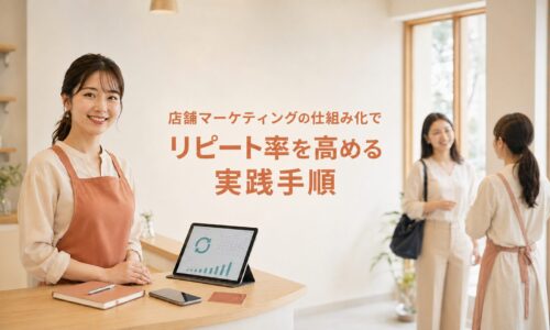 実店舗のオーナーがパソコンでアクセス数や売上推移を確認している様子を表現した、Web集客マーケティングの記事用アイキャッチ画像です。店舗集客で失敗を避けながら、売上を伸ばすための具体的な実践ステップを解説する記事に使用できます。