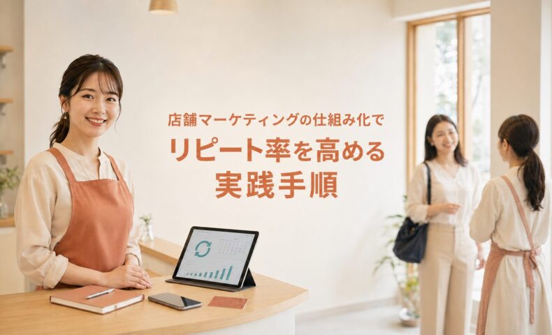 実店舗のオーナーがパソコンでアクセス数や売上推移を確認している様子を表現した、Web集客マーケティングの記事用アイキャッチ画像です。店舗集客で失敗を避けながら、売上を伸ばすための具体的な実践ステップを解説する記事に使用できます。