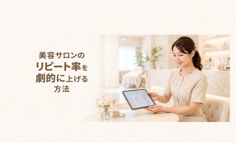 明るく清潔感のある美容サロンで、予約管理用タブレットを持つ日本人女性スタッフと「美容サロンのリピート率を劇的に上げる方法」の文字を配置したアイキャッチ画像