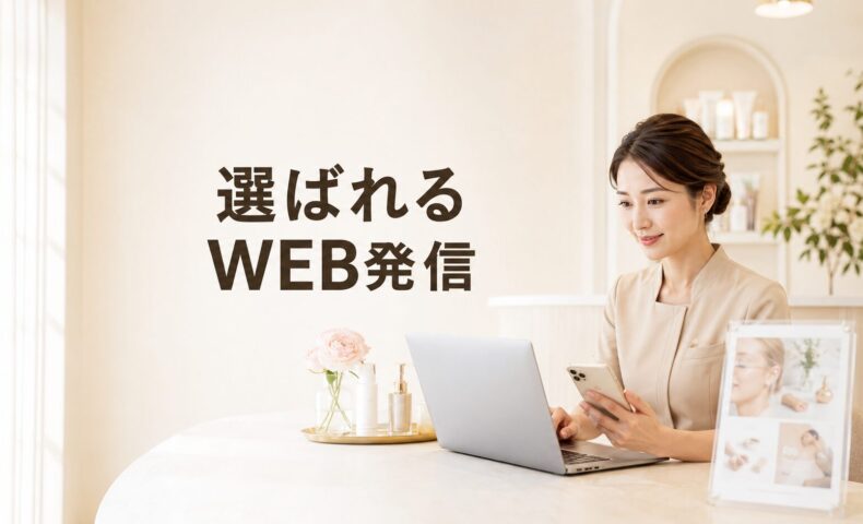 明るく上質なエステサロンで、パソコンとスマートフォンを使ってWEB発信を行う日本人女性スタッフと「選ばれるWEB発信」の文字を配置した画像