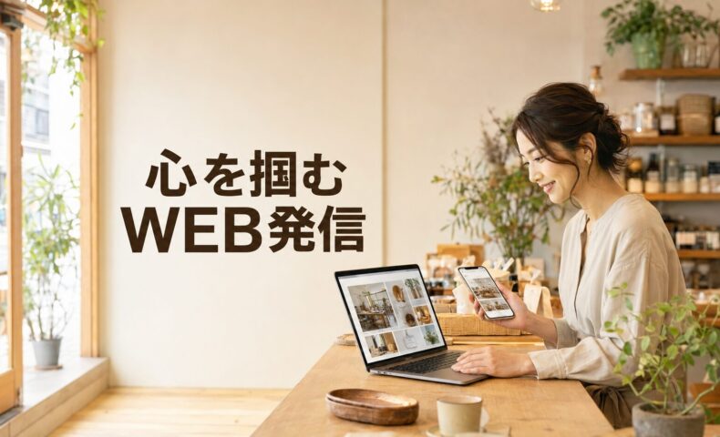 自然光が入る実店舗で、パソコンとスマートフォンを使ってWEB発信を行う日本人女性店主と「心を掴むWEB発信」の文字を配置した画像