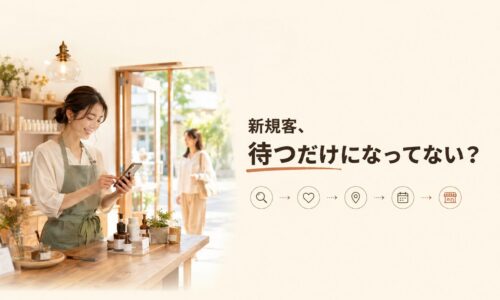 自然派商品を扱う実店舗でスマートフォンを確認する日本人女性店主と、来店する新規顧客、「新規客、待つだけになってない?」の文字を配置した画像