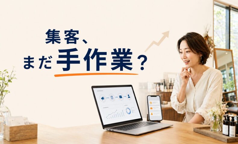 美容サロンの店内で、WEB集客の管理画面を表示したパソコンとスマートフォンを確認する日本人店舗経営者。「集客、まだ手作業？」のコピーを配置したアイキャッチ画像。 画像タイトル：店舗経営者のためのWEB集客自動化