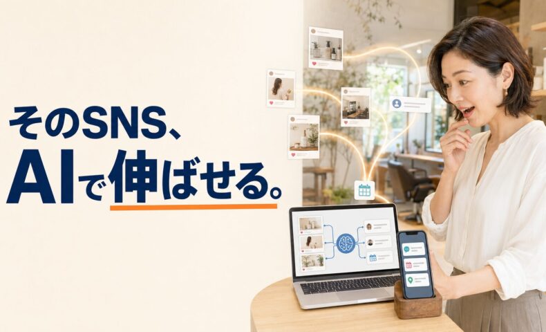 美容サロンでAIとSNSを連携したWEB集客画面を確認する日本人店舗経営者と、「そのSNS、AIで伸ばせる。」のコピーを配置したアイキャッチ画像。