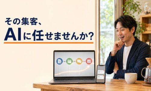 カフェの店内でAIによるWEB集客の自動化画面を確認する日本人店舗経営者と、「その集客、AIに任せませんか？」のコピーを配置したアイキャッチ画像。