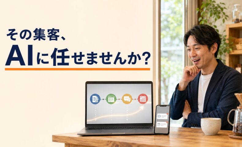 カフェの店内でAIによるWEB集客の自動化画面を確認する日本人店舗経営者と、「その集客、AIに任せませんか？」のコピーを配置したアイキャッチ画像。