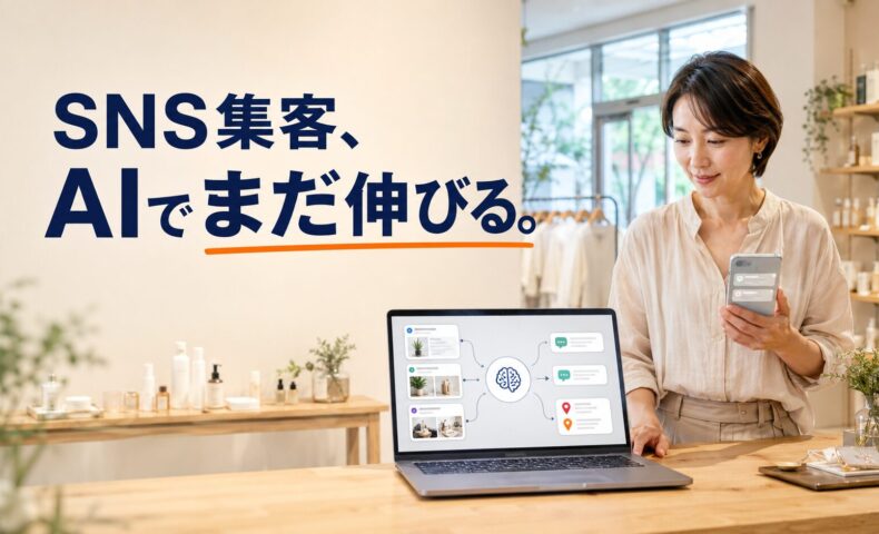 店舗内でAIとSNSを連携した集客画面を確認する日本人経営者と、「SNS集客、AIでまだ伸びる。」のコピーを配置したアイキャッチ画像。