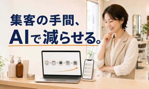 美容サロンでAIによる店舗集客の自動化画面を確認する日本人経営者と、「集客の手間、AIで減らせる。」のコピーを配置したアイキャッチ画像。
