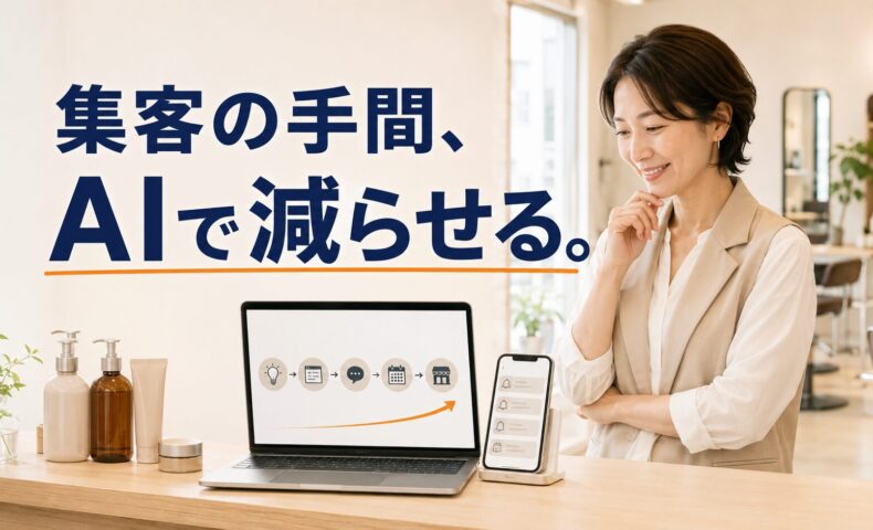 美容サロンでAIによる店舗集客の自動化画面を確認する日本人経営者と、「集客の手間、AIで減らせる。」のコピーを配置したアイキャッチ画像。