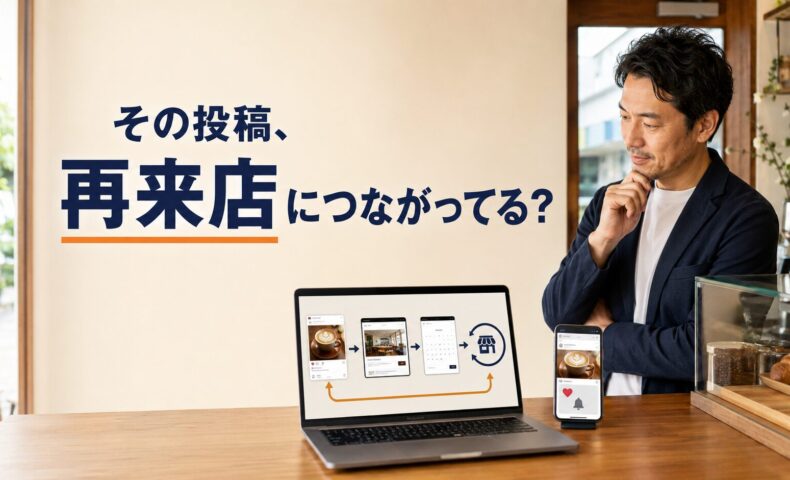 カフェ店内でSNS投稿からサイト予約、再来店までの導線を確認する日本人店舗経営者と、「その投稿、再来店につながってる？」のコピーを配置したアイキャッチ画像。
