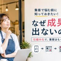 カフェ店舗でパソコンを前に考える日本人女性と、「なぜ成果が出ないのか？」のコピー、Webから店舗集客につながる仕組みを表現したアイキャッチ画像