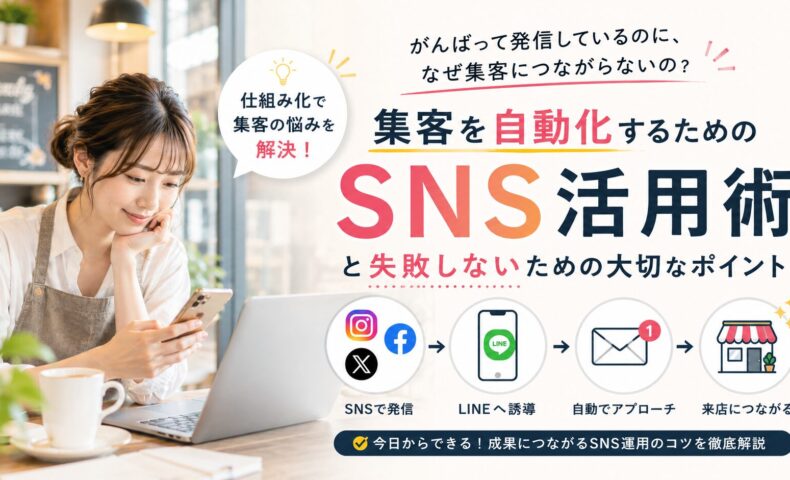 店舗でスマートフォンを確認する日本人女性と「頑張って発信してるのに、なぜ集客につながらない？」という問いかけを使い、SNSから来店につなげる集客の仕組みを表現した画像
