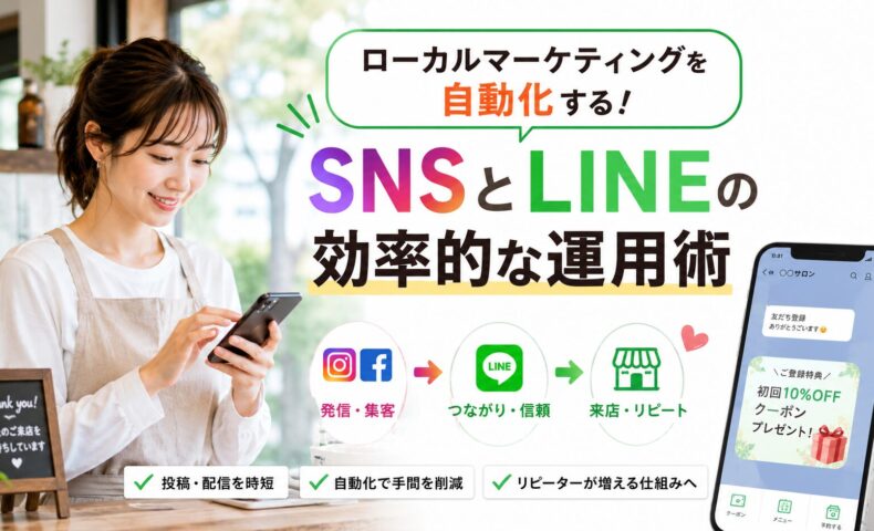 スマートフォンを操作する店舗スタッフと、SNSからLINE、来店・リピートへつなげるローカルマーケティングの運用イメージ