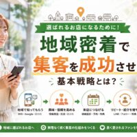 地域の店舗前でスマートフォンを確認する女性スタッフと、「地域密着で集客を成功させる」のコピー、認知から信頼、来店、リピートへつなげるローカルマーケティング戦略を表現した画像。