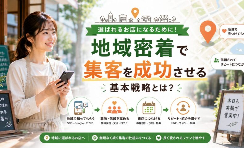 地域の店舗前でスマートフォンを確認する女性スタッフと、「地域密着で集客を成功させる」のコピー、認知から信頼、来店、リピートへつなげるローカルマーケティング戦略を表現した画像。
