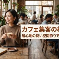 木の温もりがあるカフェで、コーヒーを飲みながらリラックスして微笑む日本人女性。心地よい空間がファンを呼ぶ様子を表現。