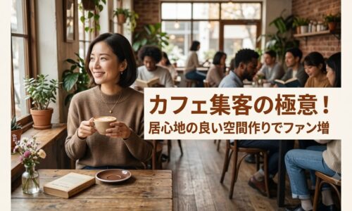 木の温もりがあるカフェで、コーヒーを飲みながらリラックスして微笑む日本人女性。心地よい空間がファンを呼ぶ様子を表現。