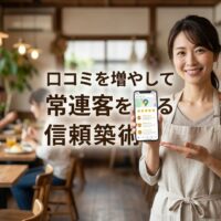 Googleマップの口コミをスマートフォンで確認する笑顔の日本人カフェ店主。背景は賑わう店内。