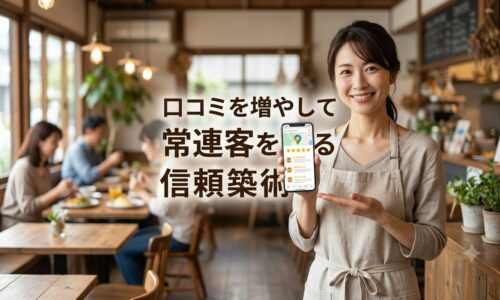 Googleマップの口コミをスマートフォンで確認する笑顔の日本人カフェ店主。背景は賑わう店内。