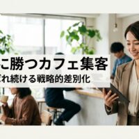 明るく賑わうカフェの店内で、自信を持ってタブレットを操作する日本人女性オーナー。背景には楽しげなお客様。